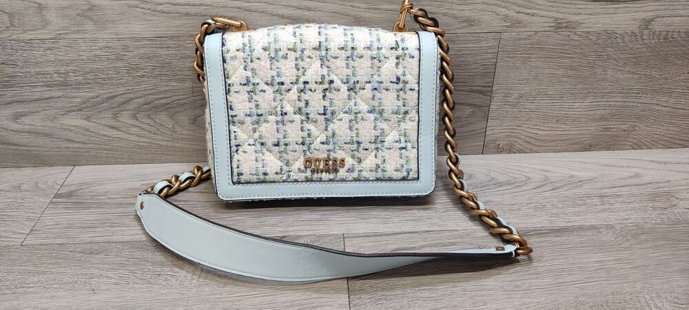 GUESS Tweed Crossbody Bag Light Blue Quilted Flap Shoulder Purse Gold Chain